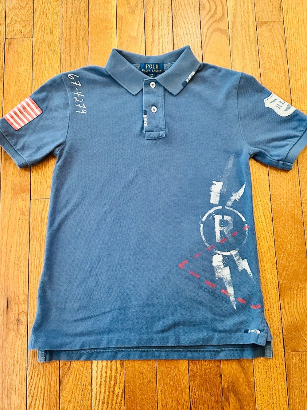 Polo Ralph Lauren Boys RL-67 Blue Polo Shirt Flag Patch Short Sleeve Size 8